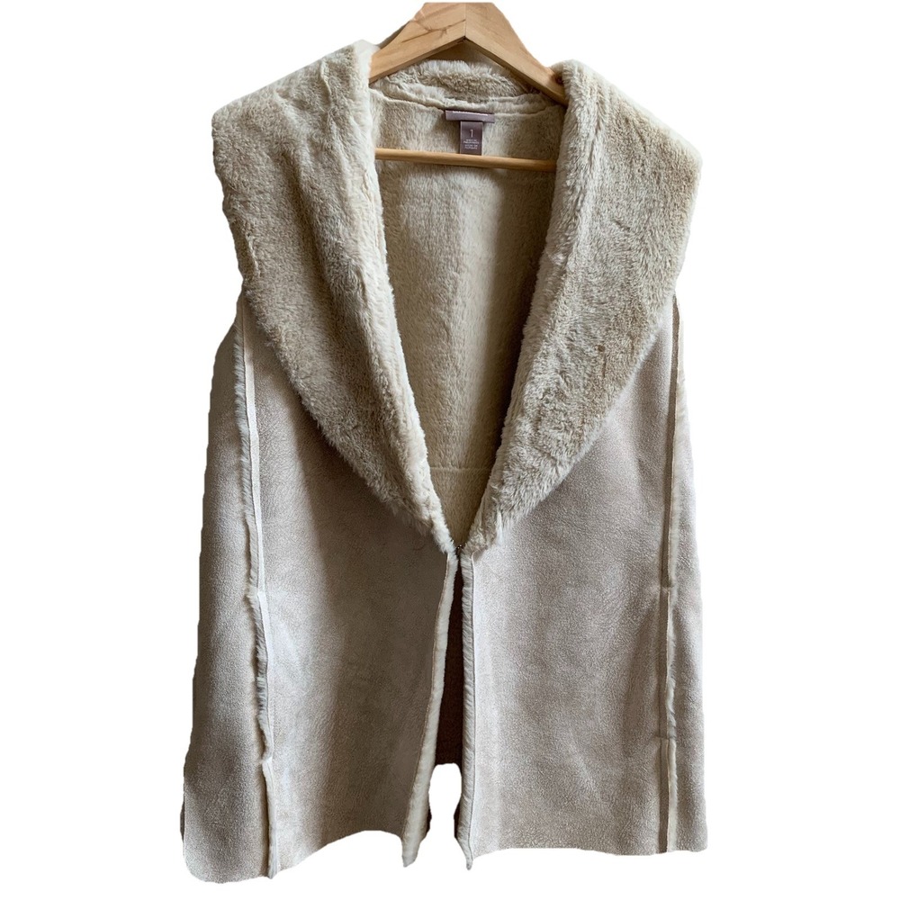 Chicos Vest Coat Faux Suede Fur Shawl Collar Tan Cozy Womens Large Size 1